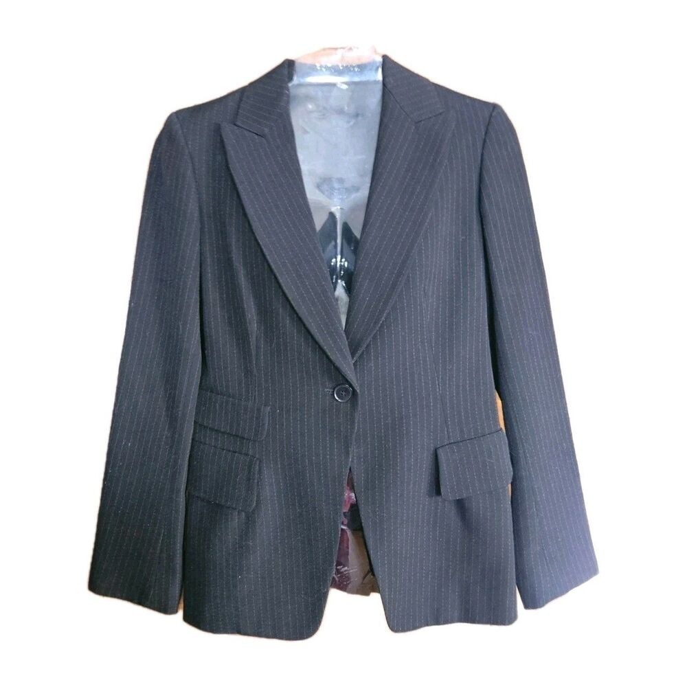 DKNY Womens Wool Blazer Jacket Size 2 Black Purple Pin Stripe Tailored Office